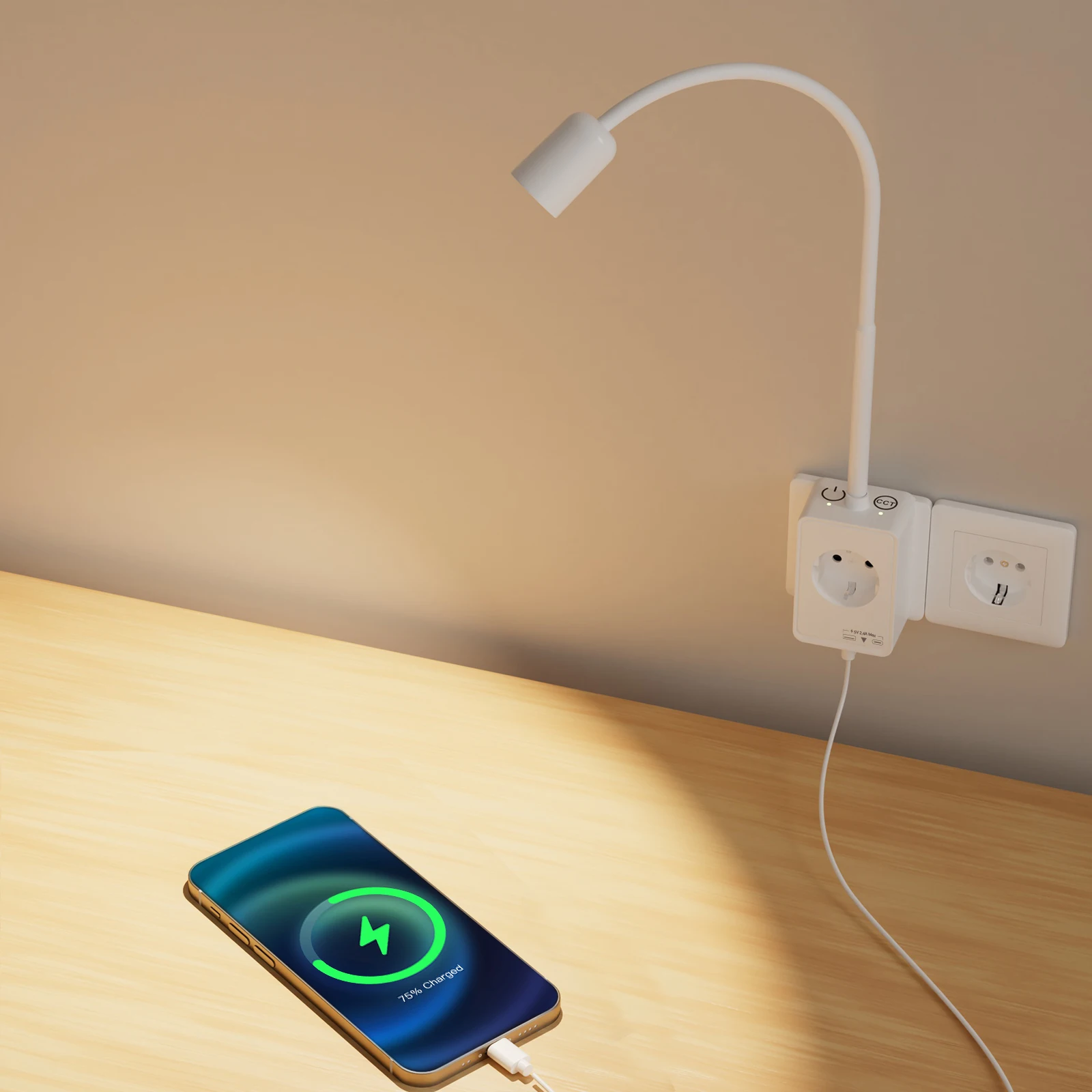 Image of LED Strahler Steckdosenleuchte Dimmbar, Wandlampe Leselampe Wand Weiß mit Stecker und Steckdose für Schlafzimmer, Zwei Berührungsschalter, 3er Lichtfarben Modi, USB Ausgangs Anschlüsse