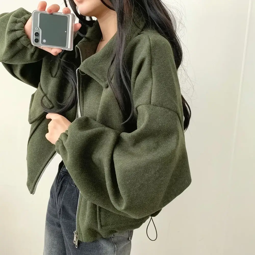 Ladies Chic Short Jacket French Lazy Style Loose Zip Coat Drawstring Waist Slimming Effect Functional Pockets Top