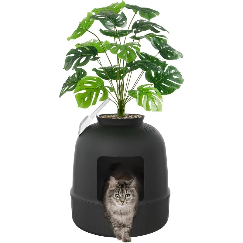 

Litter Box Cat with Faux Plant & Scoop, Hidden Enclosure Litter Tray with Odor Control & Carbon Filter in Living Room