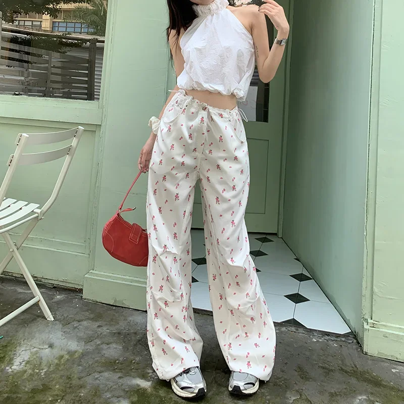 

2023 Summer Casual Floral Print High Waist Wide Leg Pants Spring Women's Fashion Sweet Loose Fit Soft Full Length Trousers