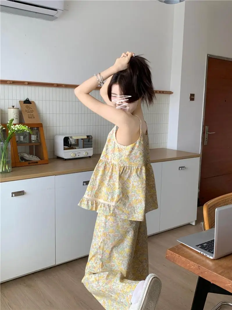 

Ночная рубашка с милым цветочным принтом, комплект женской летней ночной рубашки, длинные брюки, комплект из двух предметов, повседневная удобная домашняя одежда