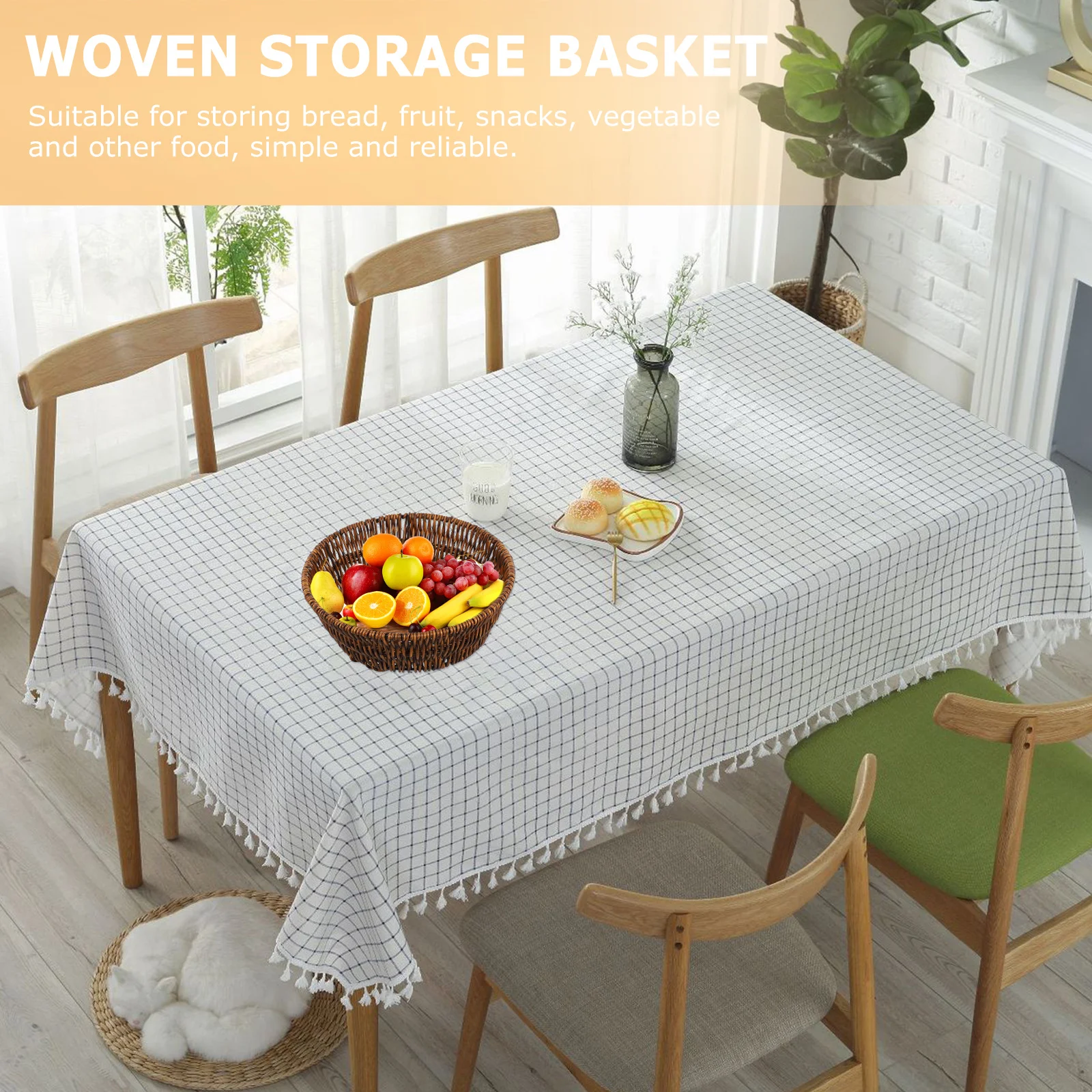 

Woven Fruit Basket for Home Storage Round Design Snack Bread Vegetable Organizer Simple Natural Style Storage Basket Strong Iron