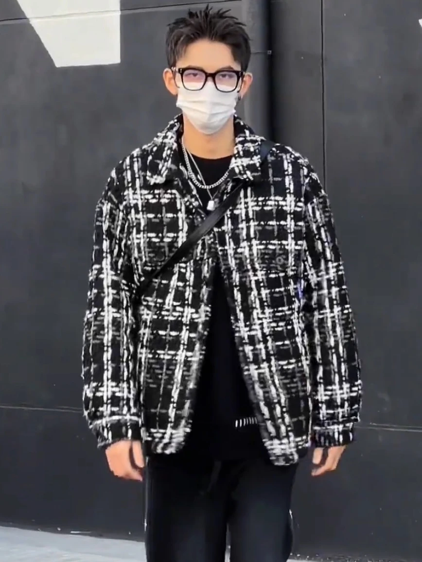 

Winter New Plaid Warm Cotton Men's Faion Loose Fit Collar Jaet Youth Active Sle Thiened Casual Single Button Closure