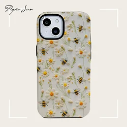 Luxury Embroidery Effect Bee Daisy Flower Phone Case For iPhone 16 15 13 12 11 Pro Max Plus 2 in 1 Hard Protection Funda Cover