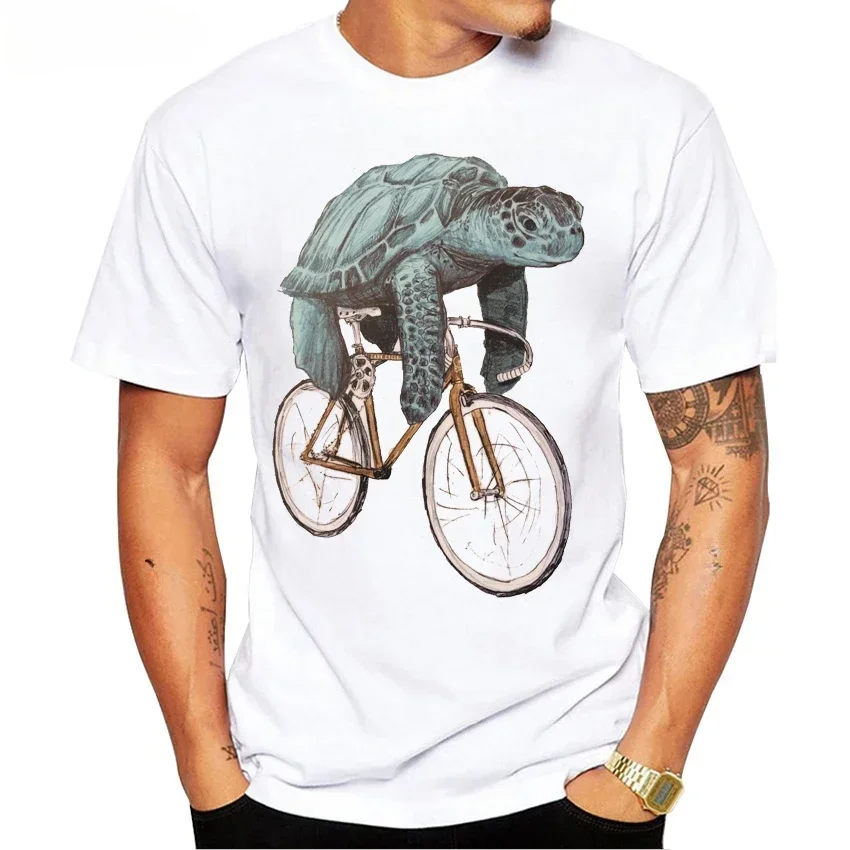 

Sea Turtle And Fixed Gear Bike Retro T-Shirt New Summer Men Short Sleeve Hip Hop Boy Casual Tops Funny Animal Design White Tees