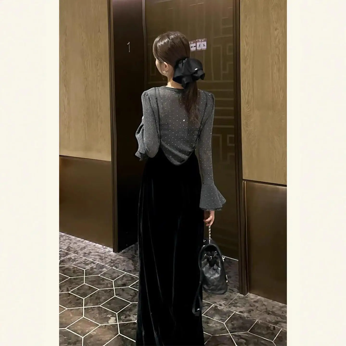 Conjunto de Camiseta de Veludo e Macacão Ele e Small Fraance Sle, Calças Casuais de Outono, Cintura Alta, Estilo Reto...