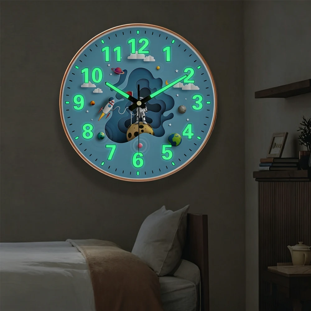 Space Themed Luminous Wall Clock Silent Glow In Dark Numbers Decorative Hanging Clock for Boys Bedroom Nursery Children Room