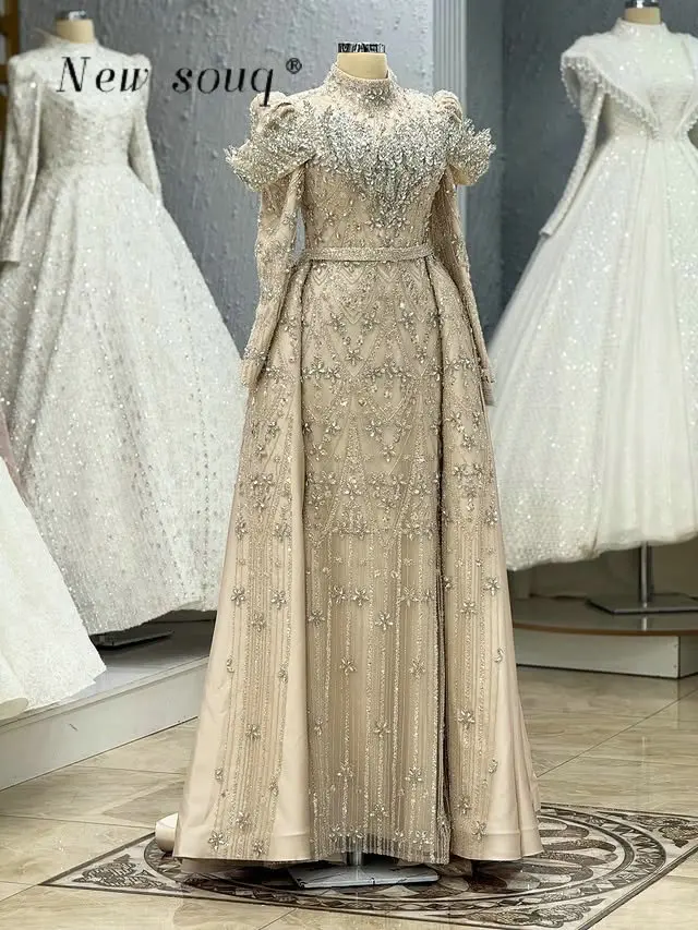 

Мусульманские вечерние платья цвета шампанского с блестками и кристаллами из бисера и верхней юбкой, платья на Ближнем Востоке для женщин, официальная вечеринка по индивидуальному заказу