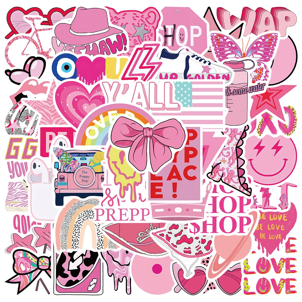 50pcs Trendy Cartoon Pink Series Vsco Girl Stickers For Laptop Water Bottle Phone Waterproof Graffiti Skateboard Car Decals