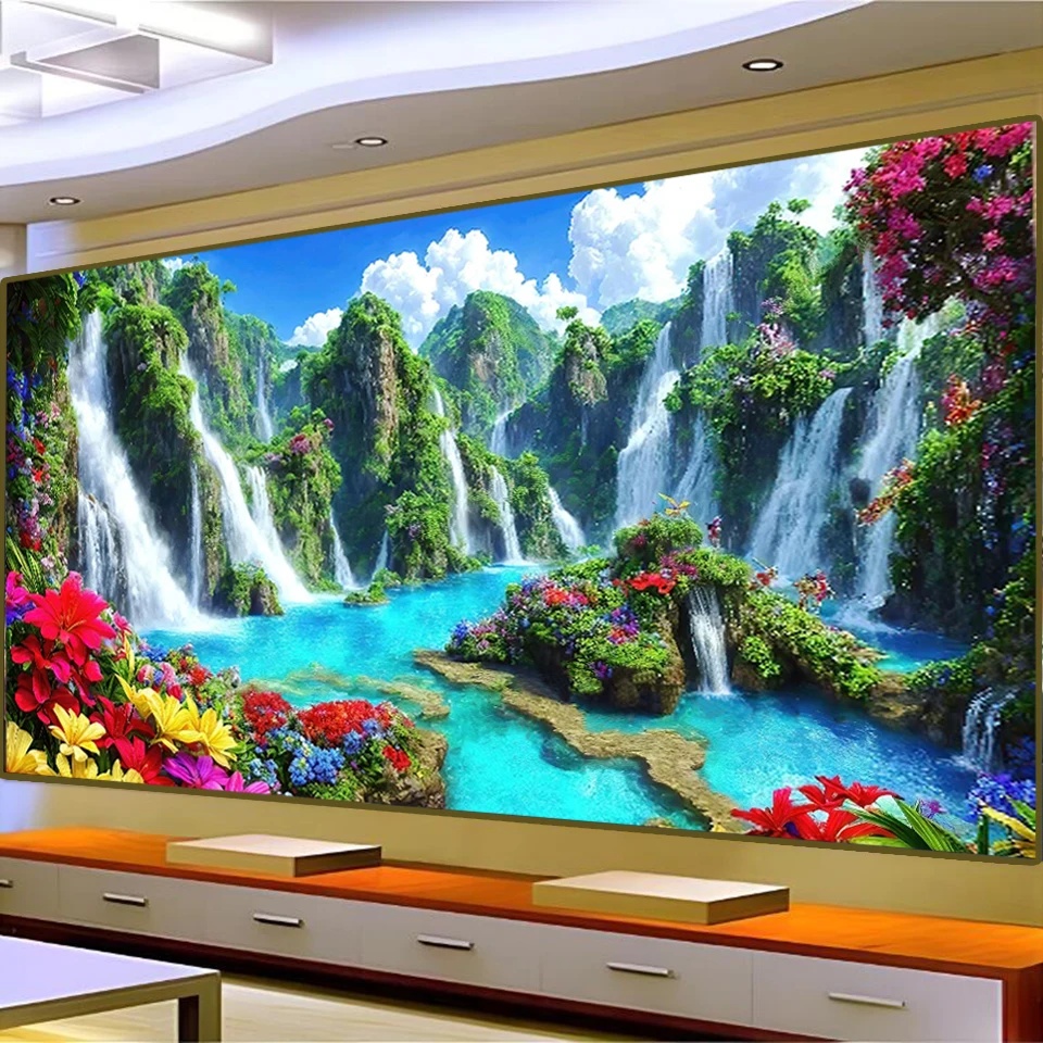 

5D DIY большая алмазная живопись крест цветы горы водопады пейзаж настенное искусство, полная круглая дрель, вышивка домашнего декора