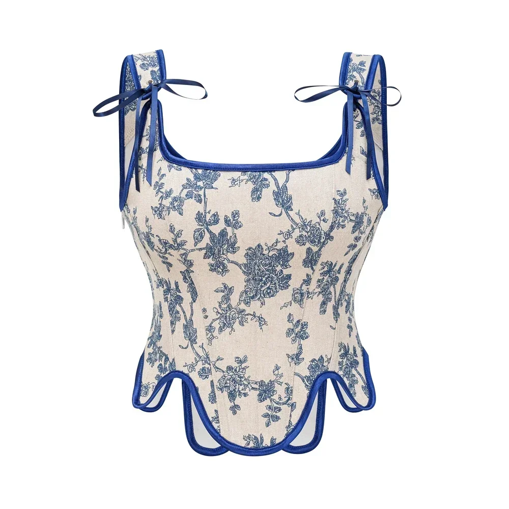 

Retro Brocade Corset with Shoulder Straps Women White Blue Bustier Gothic Vintage Crop Top Shaperwear Corselet
