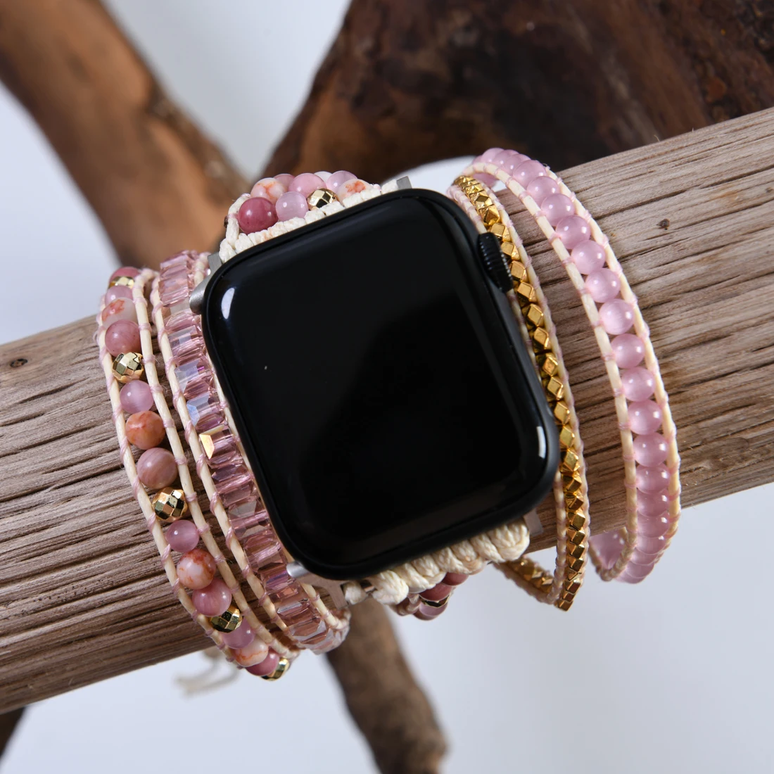 Pink Opal Natural Stone Women IWatch Band Beads Boho 5X Wrap Vegan Wax Rope Watch Strap Wrist Band Bracelet Accessories