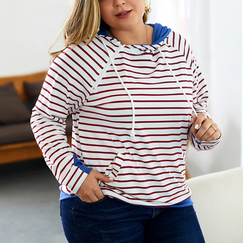 

Autumn plus size leisure hooded sweater 6XL new ladies fashion pocket striped loose hooded sports sweater