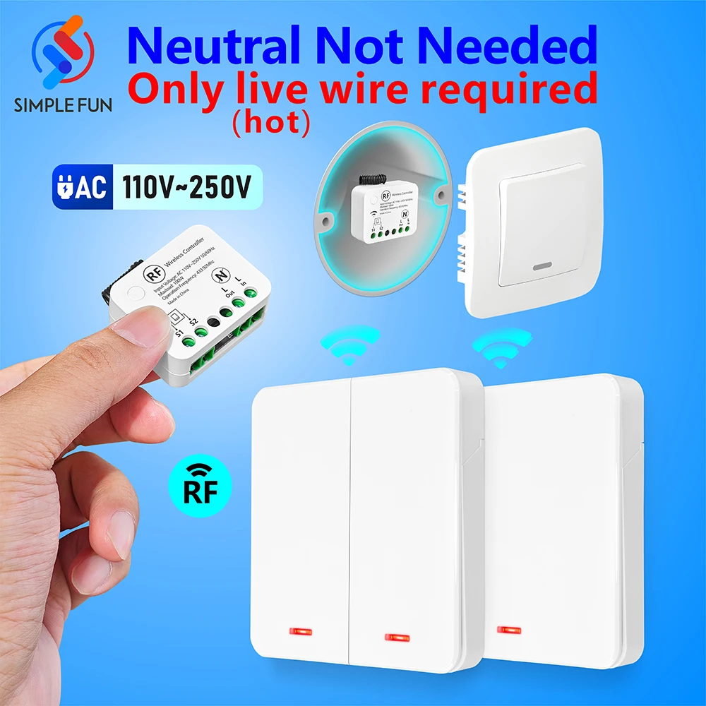 Interrupteur d'éclairage sans fil RF433MHZ mini télécommande, sans fil neutre requis, AC 110V~250V, relais à fil simple, interrupteur de panneau sans fil 86