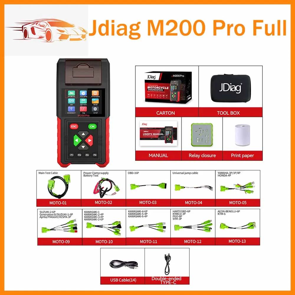 2024 NEW JDiag M200 Pro Full Support ECU Remap Scanner Battery Tester Automotive ABS System Fault Codes For Motorcycle diagnosis