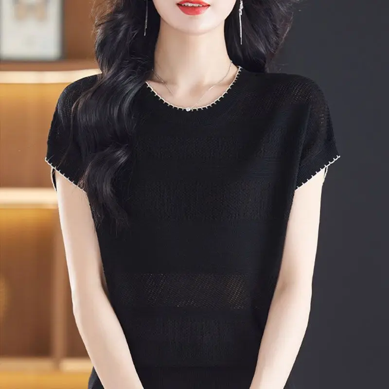 New Summer Solid Color Round Neck Short Sleeve Knitted Sweater Loose Ice Silk Stylish Thin Top