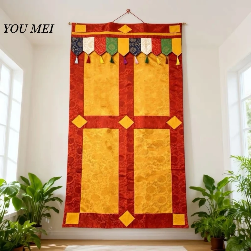 Tibetan-Style Door Curtain,Nepal Handmade Embroidery,Yellow Auspicious Ten Freedom Patterns,Home Partition Art Hanging Curtain