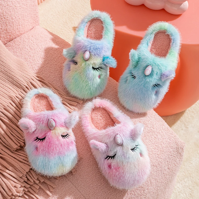 

New Style Comfortable Winter Shoe Warm Fleece Cozy Non-slip Cotton Household Cartoon Cute Unicorn Sandal Outdoor Couple Slippers