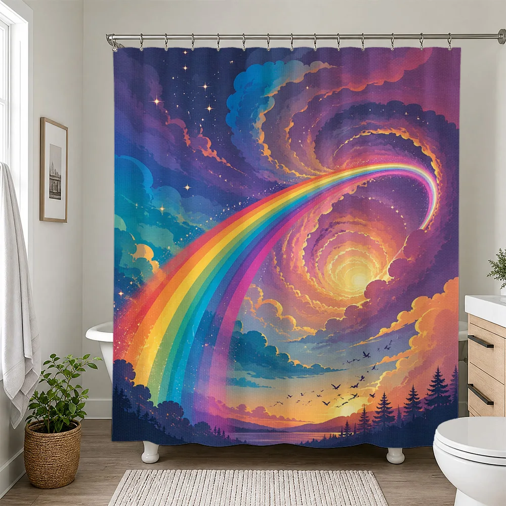 Vibrant Rainbow Sunset Shower Curtain Bathroom Decor Cosmic Sky Fantasy Shower Curtain Waterproof
