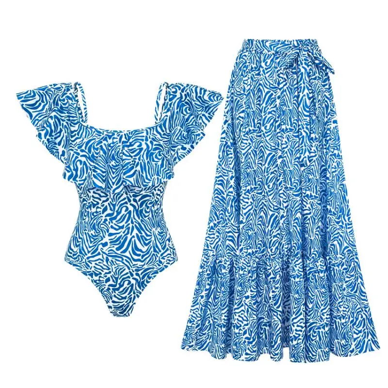 Summer One Piece Swimsuit and Skirt Flaxmaker 2025 Women Sexy Off The Shoulder Party Swimwear Vintage Ruffle Printed Beachwear
