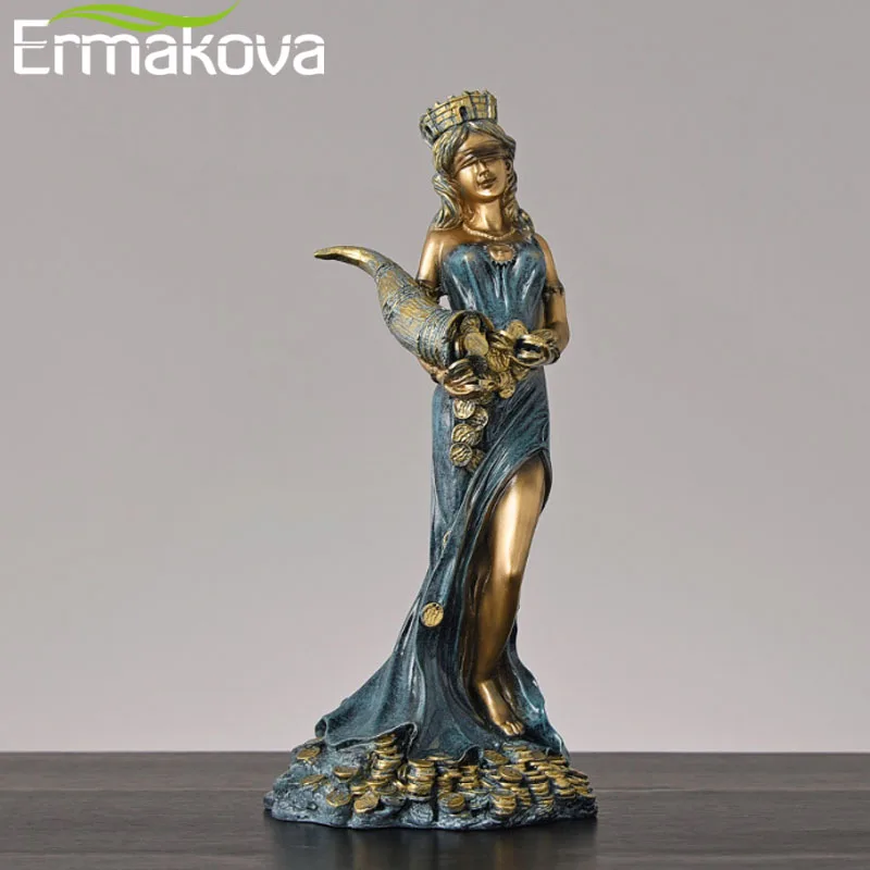 ERMAKOVA Large Size Resin Blinded Greek Wealth Goddess Fortuna Figurine Plouto Lucky Fortune Sculpture Office Gift Home Decor