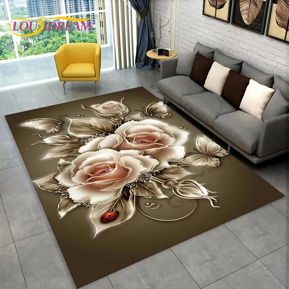 3D Nordic Luxury Flower Floral Area Rug Large,Carpet Rug for Home Living Room Bedroom Sofa Doormat Decor,Kid Non-slip Floor Mats