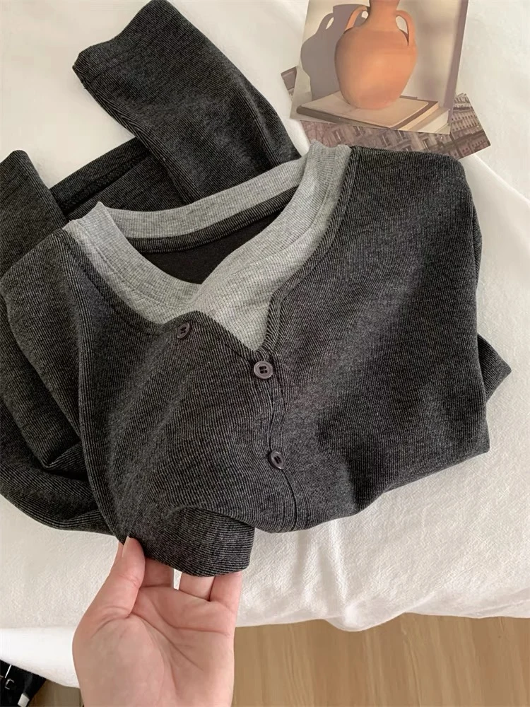 Cseta hoada de manga larga para mujer, diseño falso de dos piezas, ropa interior informal de bloque de Color, cseta d...