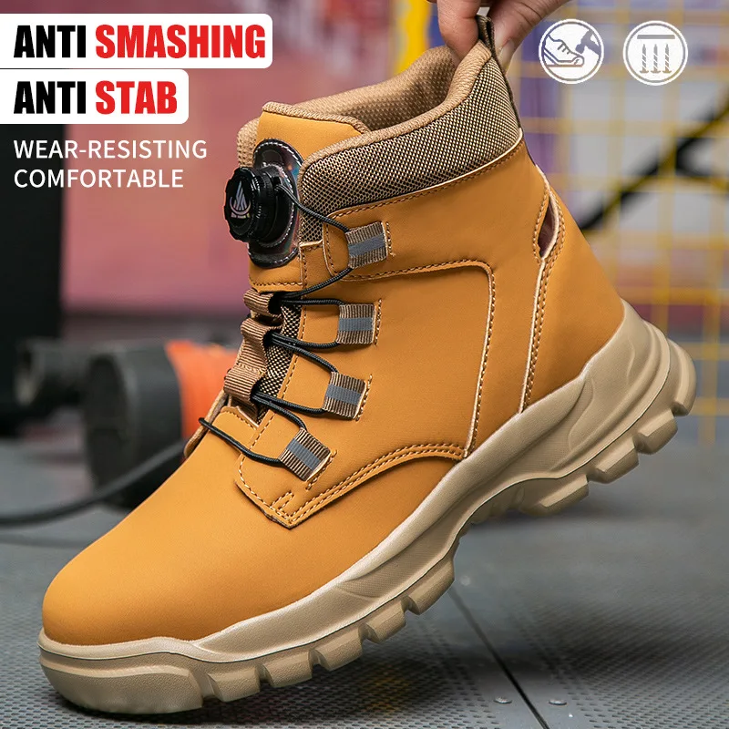 Non Tied Twisted Buckle Safety Shoes High Top Boots Anti Smashing Anti Piercing Ultra Light Eva Outsole Men's Safety Shoes