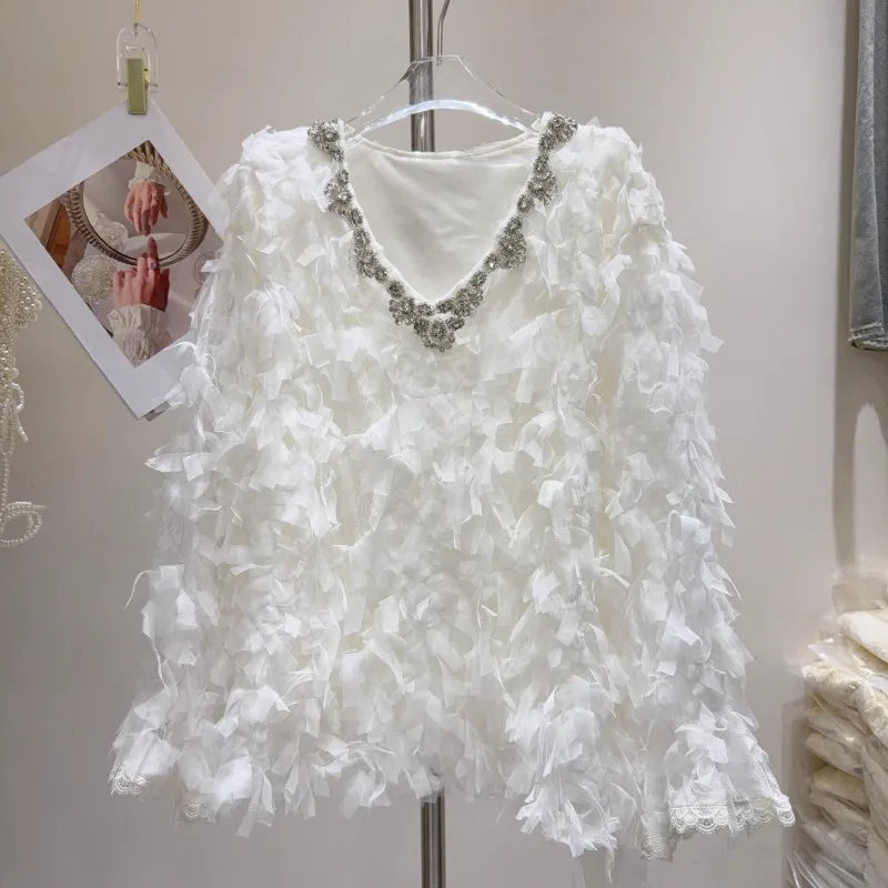 2025 Spring New French Sweet Heavy Industry Diamond-encrusted Design Loose and Thin Lace Shirt Solid Color Top For Women