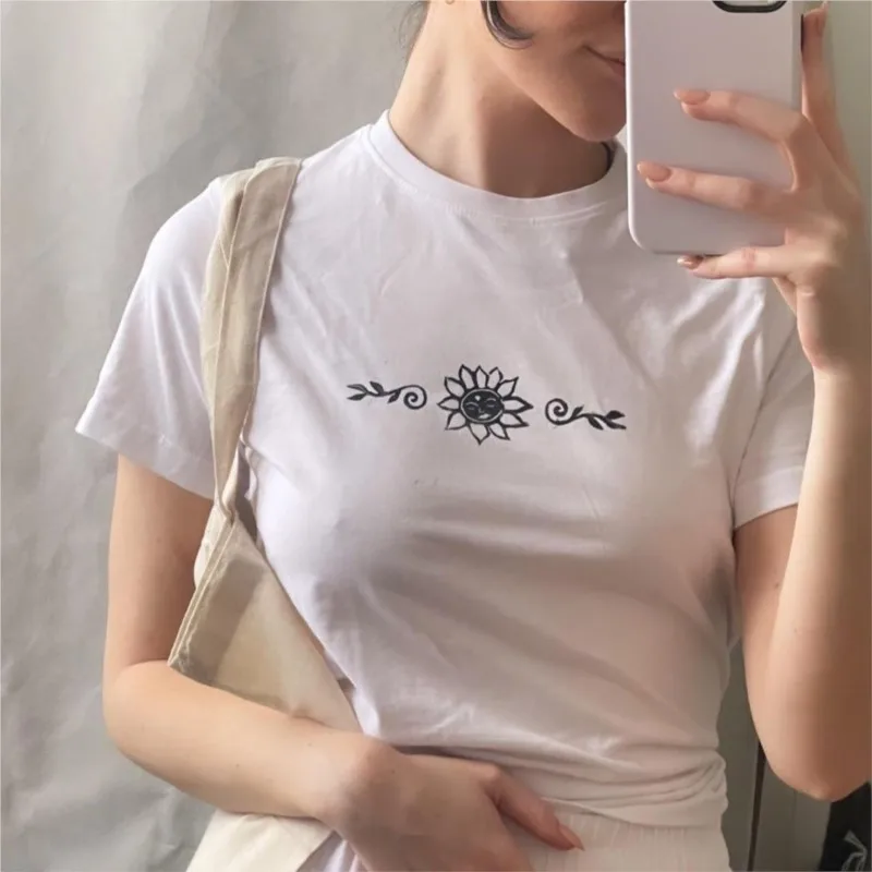 

Cyber y2k Cartoon Graphic crop tops Woman fairy grunge aesthetic streetwear Summer o-neck 2000s Girls Tee Punk White Clothing