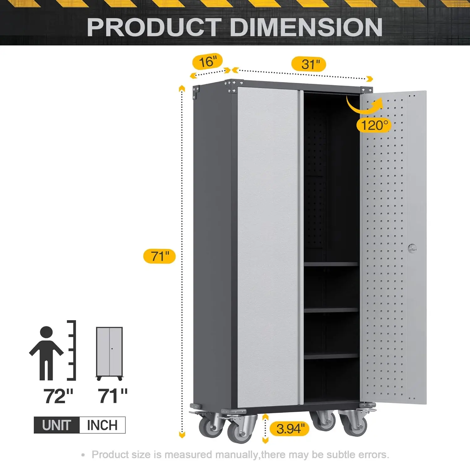 Metalen garageopslag, rollende gereedschapskast met wielen, ophangbord, 71 inch hoog, met planken en afsluitbare deuren, thuiskantoor, bijkeuken