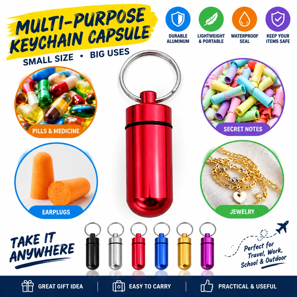 Mini Aluminum Alloy Pill Bottle Keychain, Portable Waterproof Sealed Metal Medicine Case for Travel Outdoor Emergency