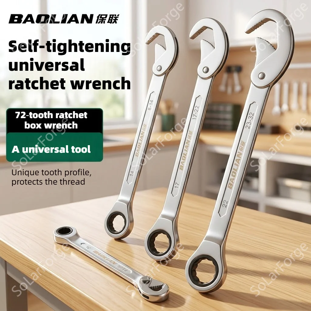 BAOLIAN 72-Tooth Self-Adjusting Universal Ratchet Wrench, 12-Point Box End Quick Release Spanner for Automotive & Pipe Repair