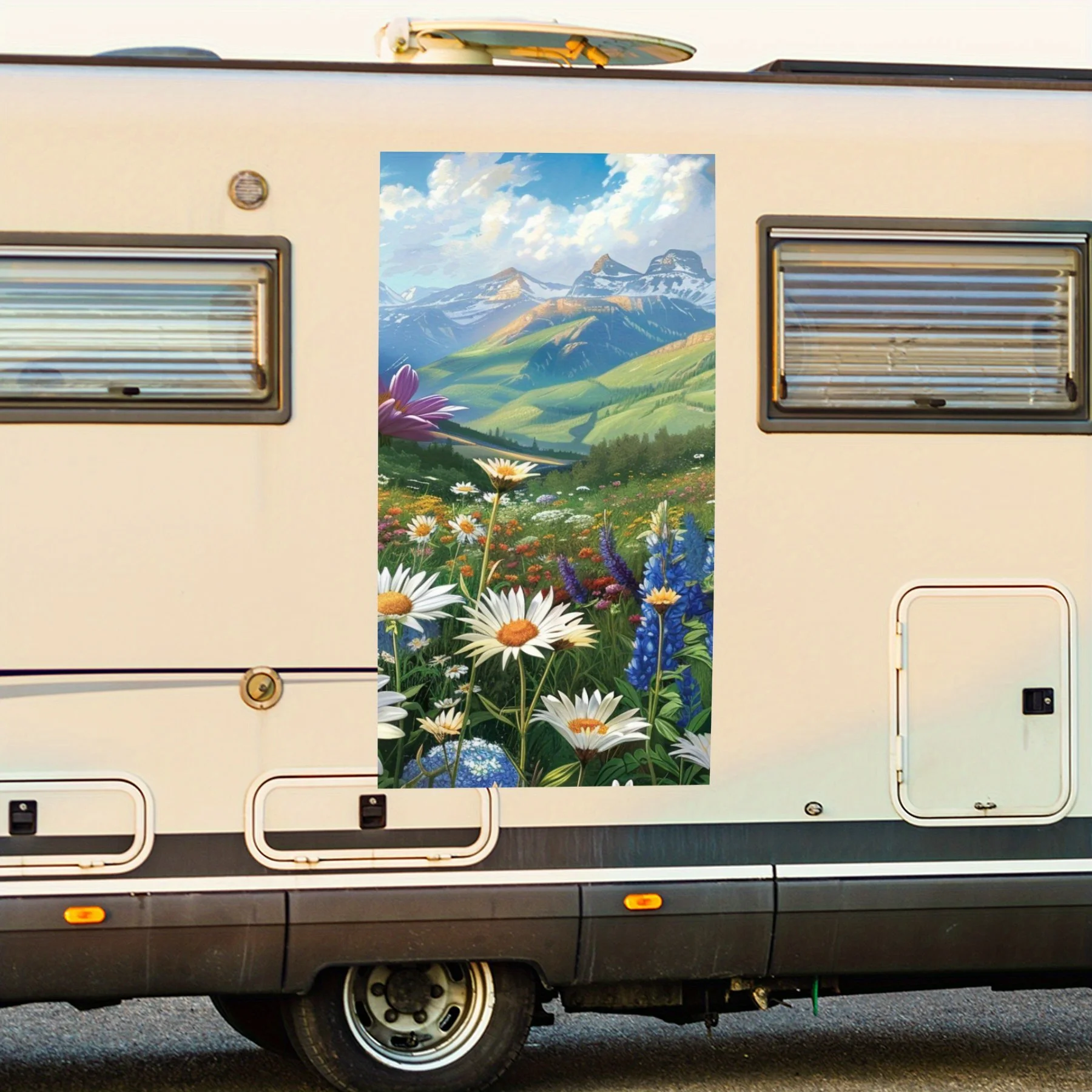 Mountain Flower Field Paradise Sticker,Vinyl Decal for motorhome car door, Waterproof Self-Adhesive Vinyl Stickers, Decoration P
