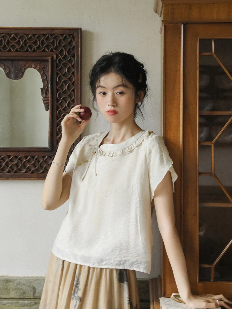 

Хлопковая женская летняя блузка Nesoulum с винтажным цветочным узором, свободного кроя, с круглым вырезом и короткими рукавами