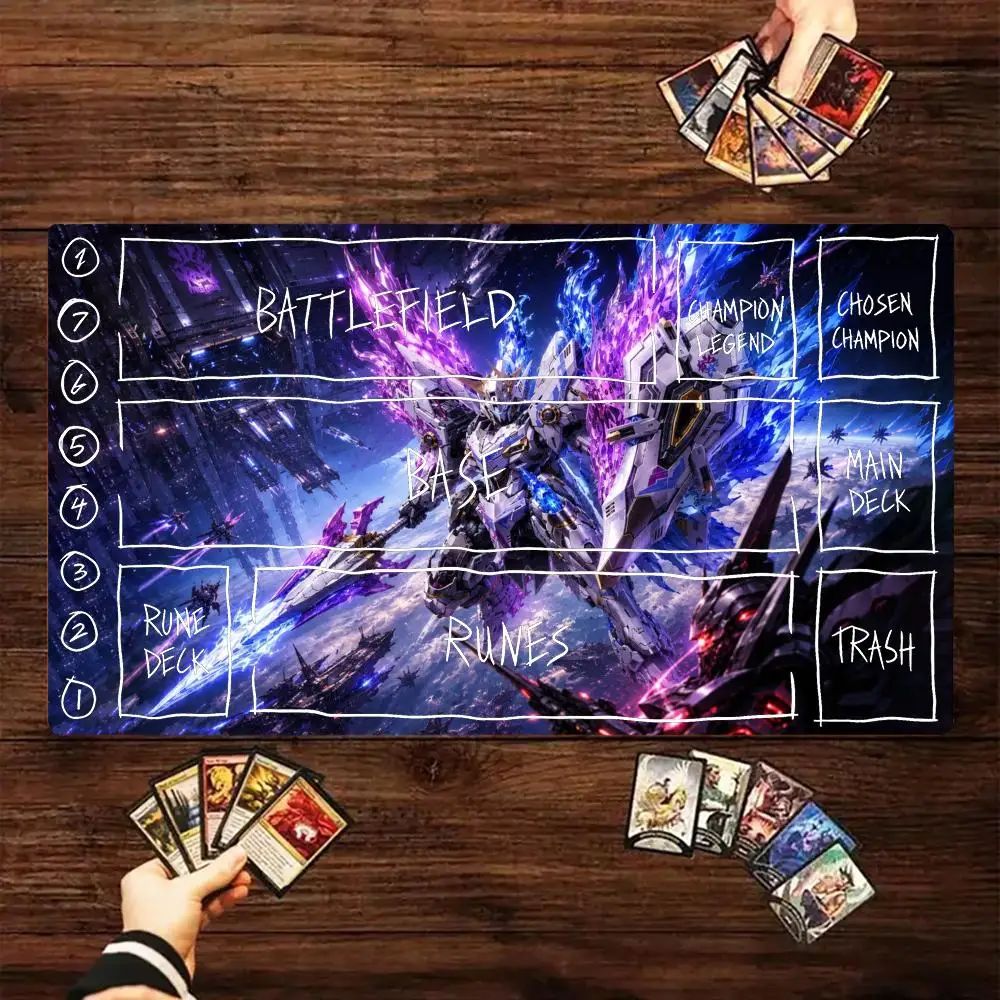 Space Mecha Warrior Purple Blue Flame TCG Playmat 35X60CM Magic Card Battle Mat Non‑Slip Durable Stitched Edge Tabletop Playmat