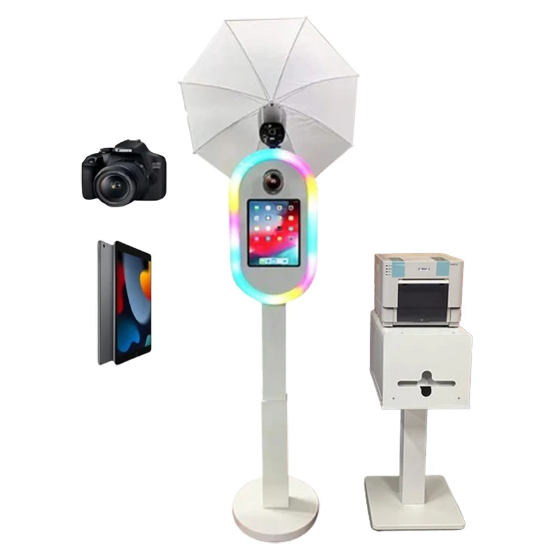 

Oval DSLR Ipad Photo Booth with Surround RGB Light Selfie Kiosk iPad Photobooth Shell With Printer Platform for Wedding Party