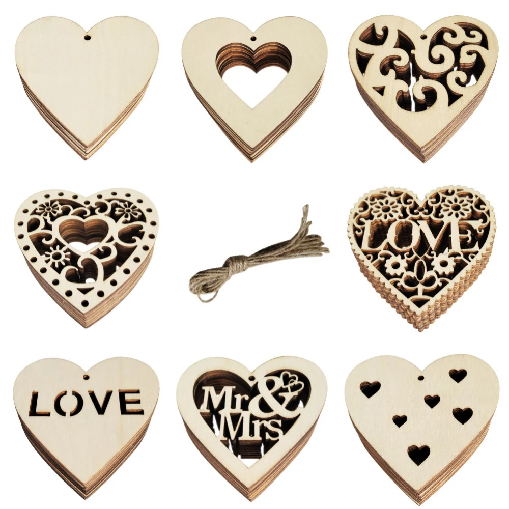 10Pcs Wooden Love Heart Shape Hanging Tags with Rope Message Label Memo Sign for Wedding Party Diy Craft Card Valentine Decor