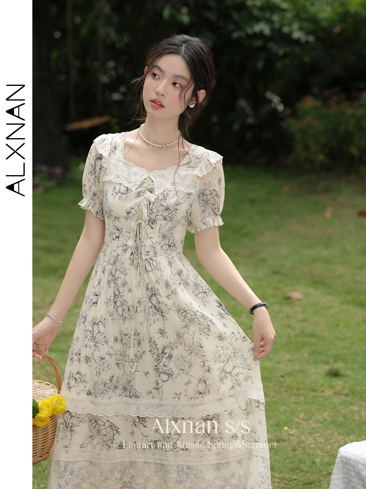 

ALXNAN Lace Patchwork Print Dresses for Women 2024 Summer New Puff Short Sleeve A-line Midi Tiered Lace-up Female Dress L36319