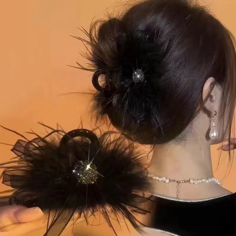 Luxury Glitter Hair Claw Clips with Velvet Ribbon Black Feathers Pearl Decor Hairpin for Thick Chignon Ballerina Bun Accessories