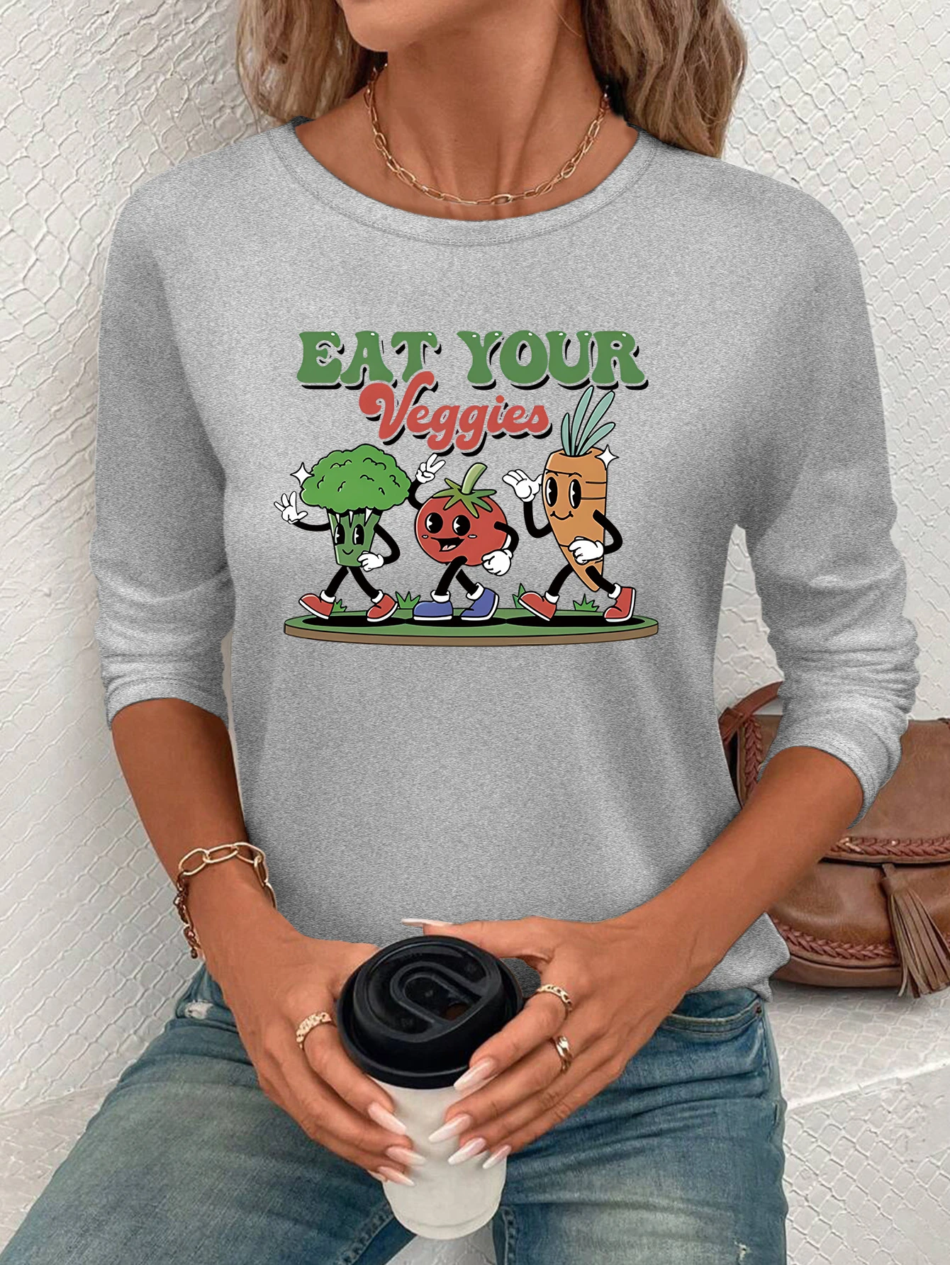 Dames T-shirt met ronde hals en printpatroon, casual T-shirt, normale pasvorm, wasbaar in de machine, veelzijdig voor het hele seizoen, 100% polyester