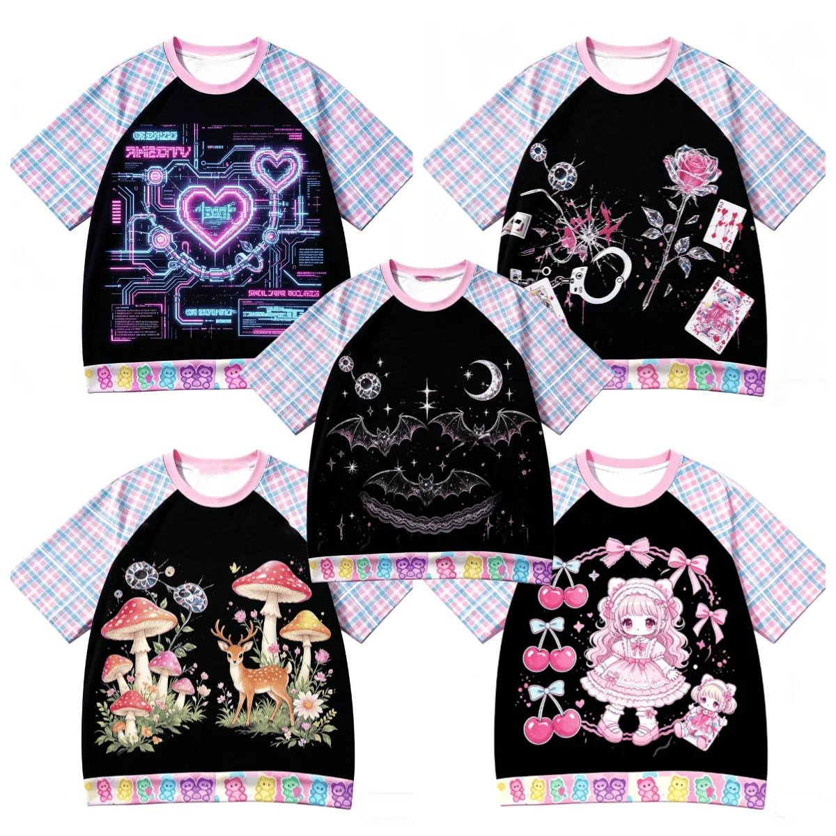 Adult and Children's Y2K Millennium Sweet Funeral Style 3D Printed T-shirt Black Base Pink Blue Grid Splicing Short Sleeve