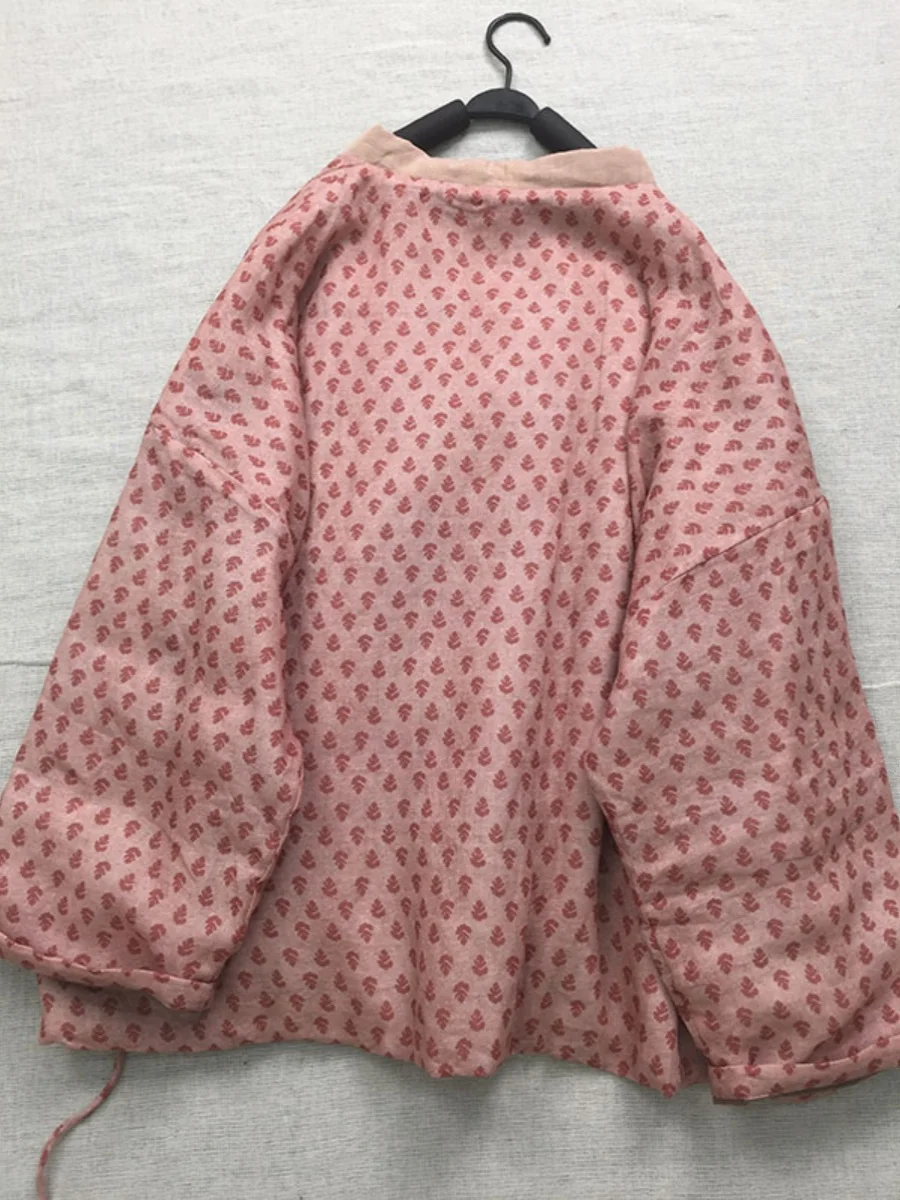 亜麻綿プリント Jaet レディース 冬用コート 大きいサイズ Vネック ボタン留め 暖かい綿製アウターウェア カジュアル スレ