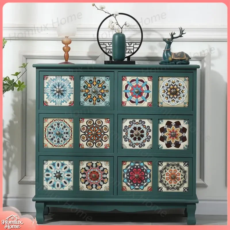Wooden Storage Cabinet Freestanding Vintage Sideboard Multicolored Household Furniture Tile Pattern Rustic Living Room Dining