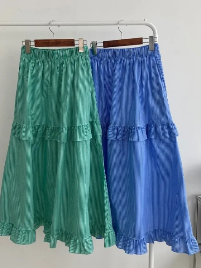 블루 스트라이프 하프 길이 A 라인 우산 스커트 여성 유행 젊은 다목적 레이스 접합 디자인 하이 웨이스트 스커트