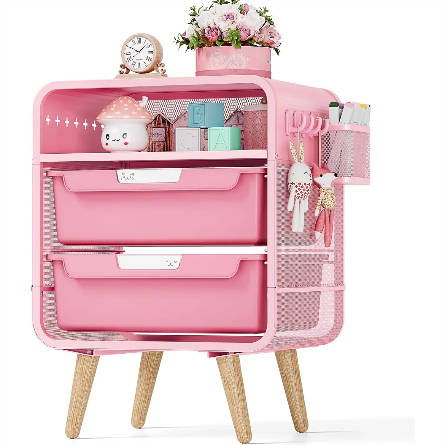 

Pink Nightstand with Storage Drawer, Cute End Table for Bedroom Furniture, Small Desk for Kids Room, Dorm, Office
