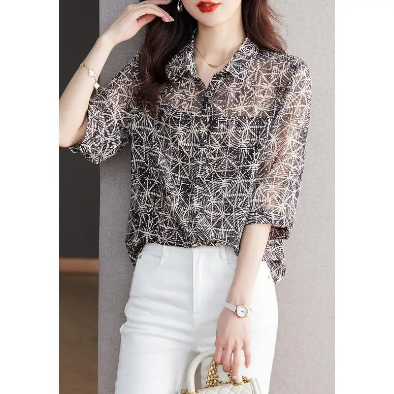 Classic Temperament Printing Single-breasted Blosue Women Office Versatile Polo Collar Summer Half Sleeve Chiffon Lady Shirt