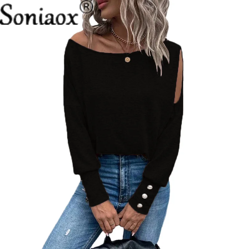 Fashion T-shirt Off The Shoulder Women Button Splicing Long Sleeves 2022 Autumn Solid Color Loose Street Casual Tops Ladies Tees