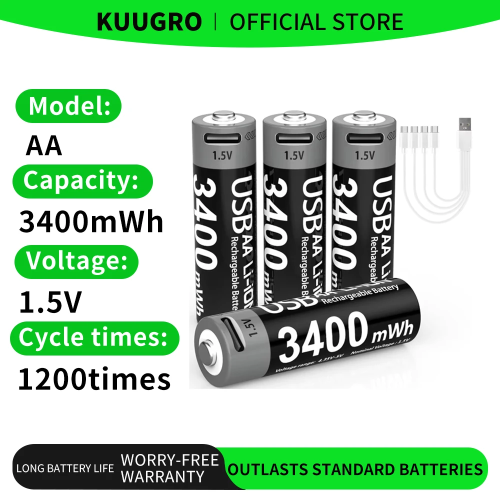 

Kuugro USB AA 1.5V 3400mWh Type-C Rechargeable Lithium Battery for Hunting Camera Remote Control Mouse Smart Door Lock Toys