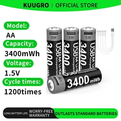 Kuugro USB AA 1.5V 3400mWh Type-C Rechargeable Lithium Battery for Hunting Camera Remote Control Mouse Smart Door Lock Toys